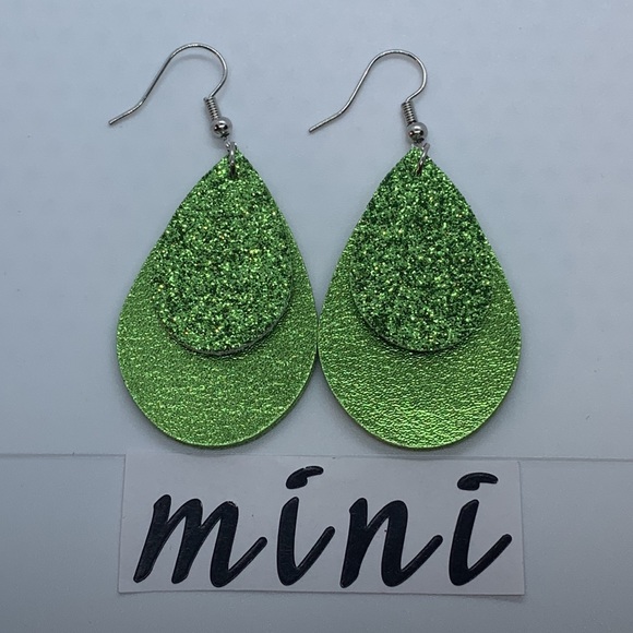 Mini Faux Leather Teardrop Earrings Green Sparkle - Picture 5 of 5